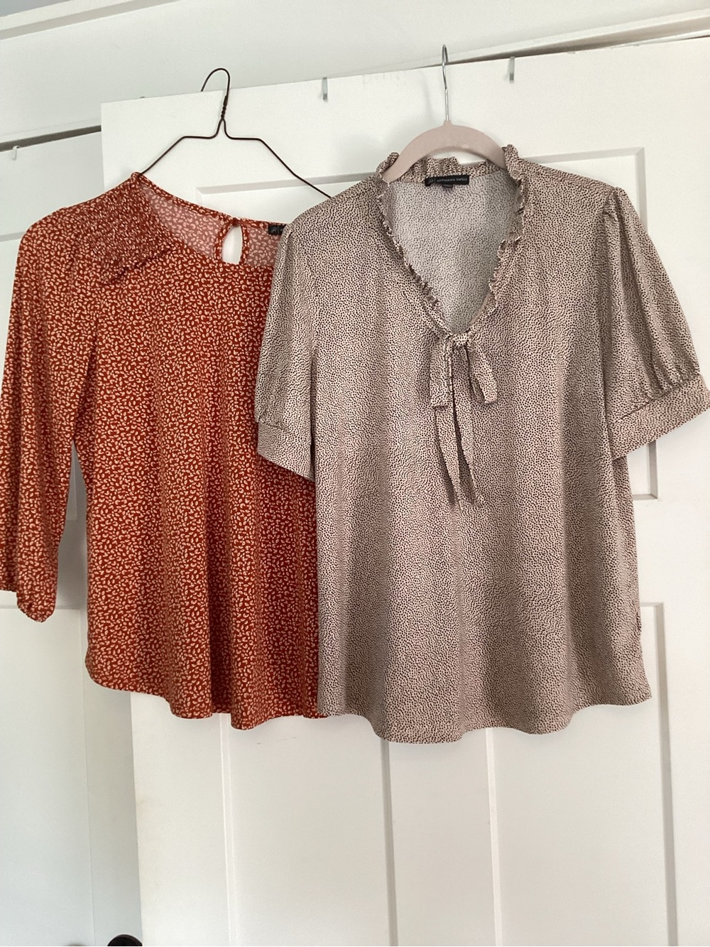 Adrianna Papell Taupe Dot Tie-Neck Ruffle Blouse and Burnt orange blouse.